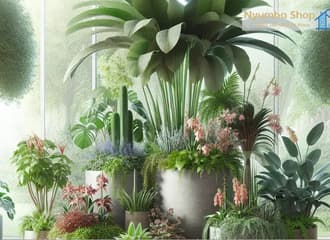 Zeigt viel verschiedene Pflanzen, auch große Pflanzen, arangiert in Blumentöpfe