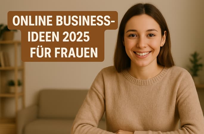 Eine selbstbewusste Frau sitzt an einem hellen Schreibtisch und lächelt. Im Hintergrund ist eine Pflanzen-Deko und ein Bücherregal und eine Sitzgelegenheit. Sie wirkt fokussiert, inspiriert und glücklich – bereit, ihr eigenes Online Business zu starten. Das Bild symbolisiert Motivation, Selbstbestimmung und den Beginn einer digitalen Selbstständigkeit in einem modernen, flexiblen Arbeitsumfeld. Auf dem Foto ist folgender Text zu sehen: Online Business-Ideen 2025 für Frauen

